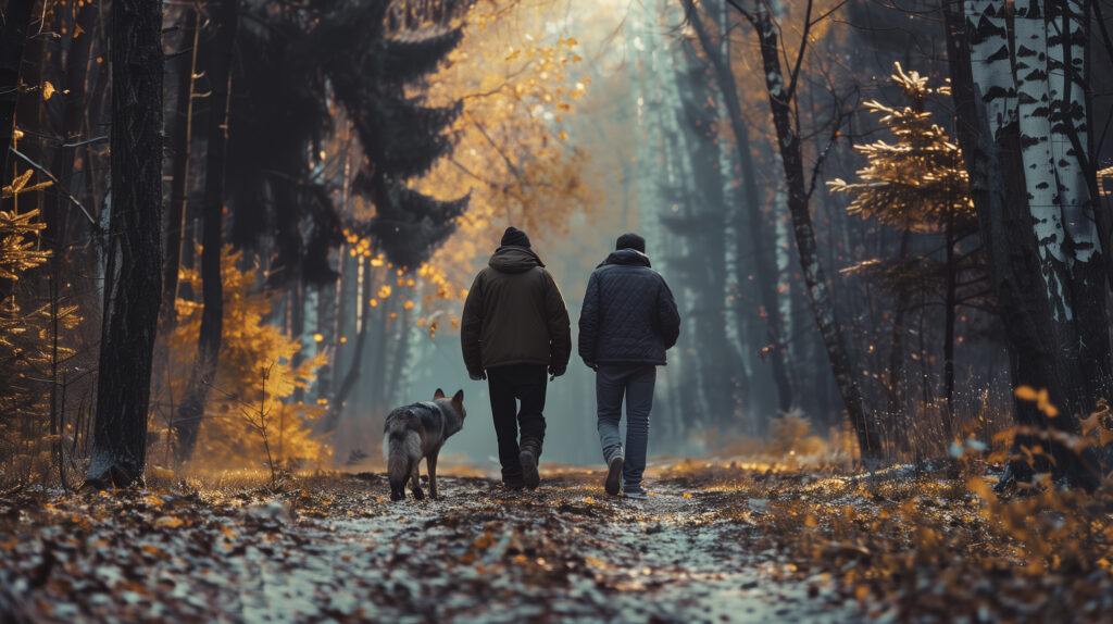 2 mannen wandelen met een wolf